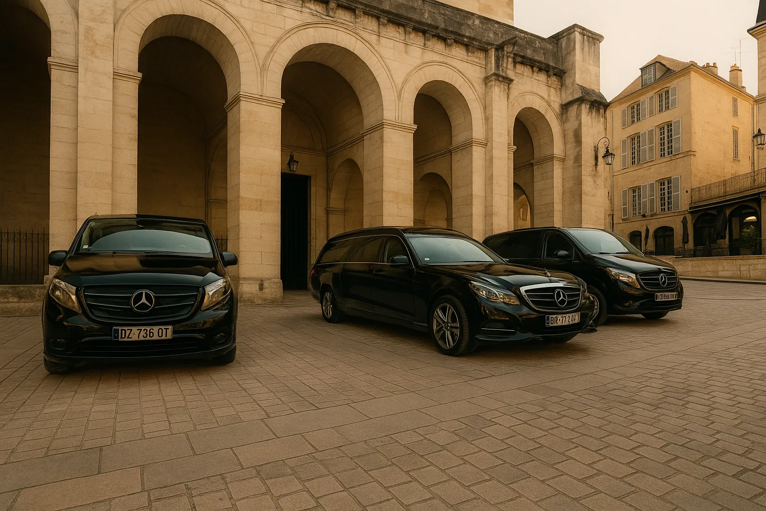 Flotte de corbillards Mercedes noirs garés devant les arches en pierre d'une église pour un convoi funéraire