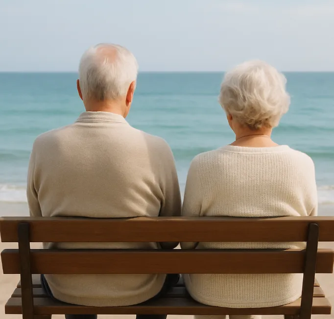 Couple de seniors de dos sur un banc face à la mer pour la prévoyance obsèques en Dordogne