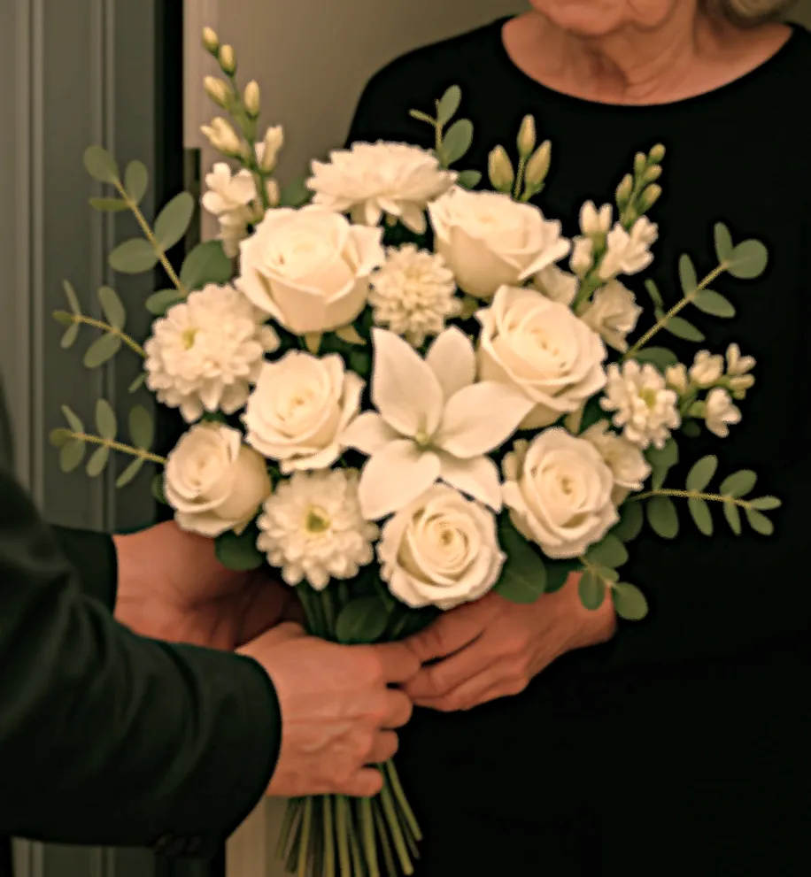 Bouquet de fleurs blanches et crème avec feuillage vert, tenu par une personne en tenue sombre